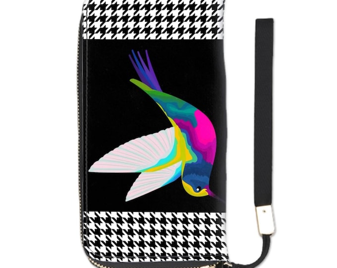 Hummingbird and Houndstooth Pattern Black and White Clutch Wallet