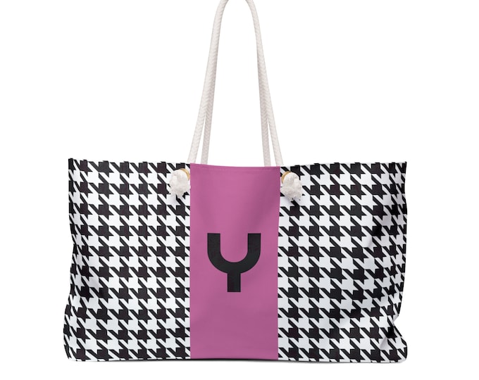 Houndstooth Black, White and Pink, with Black Y Initialized Detail Womens Weekender Tote Bag, Personalized Bag, Initialized Handbag