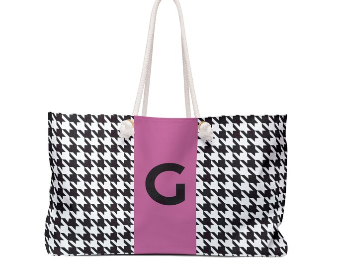 Houndstooth Black, White and Pink, with Black G Initialized Detail Womens Weekender Tote Bag, Personalized Bag, Initialized Handbag
