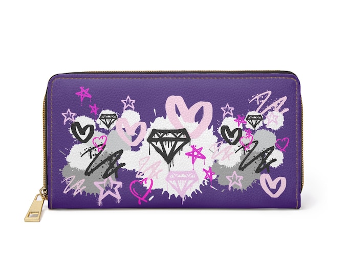 Purple Trendy Zipper Wallet with Fun Heart and Diamond Design, Perfect Gift for Teens, Stylish Accessory, Birthday Present, Everyday Use