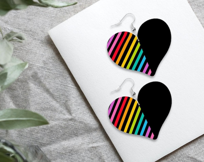 Diagonal Rainbow Heart Earrings – Black Faux Leather LGBTQ+ Earrings, Lightweight Pride Jewelry, Colorful Statement Earrings, Gift for Her