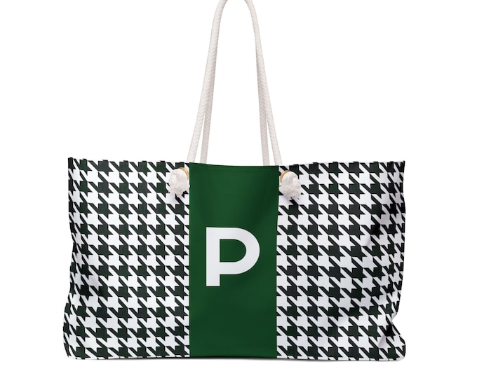 Houndstooth Forest Green Weekender Tote Bag | Personalized P Initial Bag | Monogram Travel Bag | Oversized Rope Handle Purse for Her