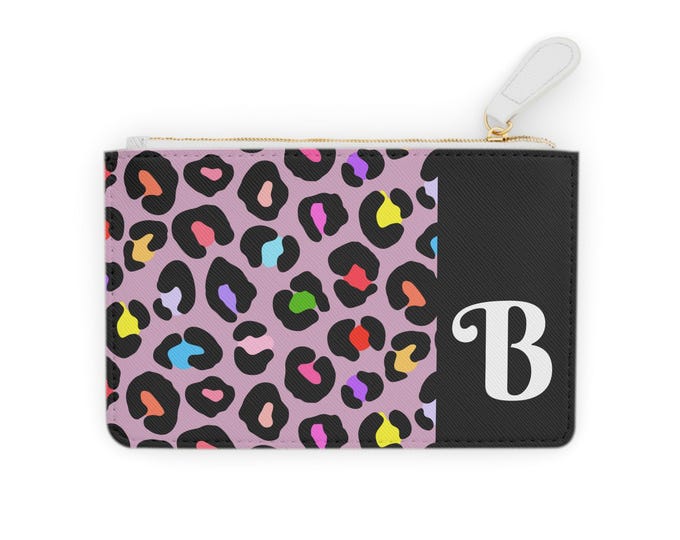 Rainbow Leopard Initial B Mini Clutch Bag – Pink & Black Cardholder, Personalized Vegan Leather Wallet Gift for Her