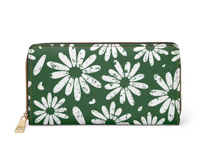 White Daisy Pattern Zipper Wallet | Green Floral Clutch, Floral Accessory