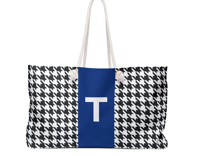 Houndstooth Black & White Weekender Tote | Blue T Initial | Personalized Women’s Handbag