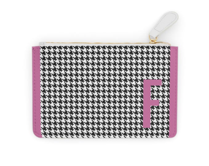 Houndstooth Pink Initial Clutch Bag Initial F-J | Personalized Vegan Leather Mini Purse | Women's Zippered Wallet Card Holder | Gift for Her