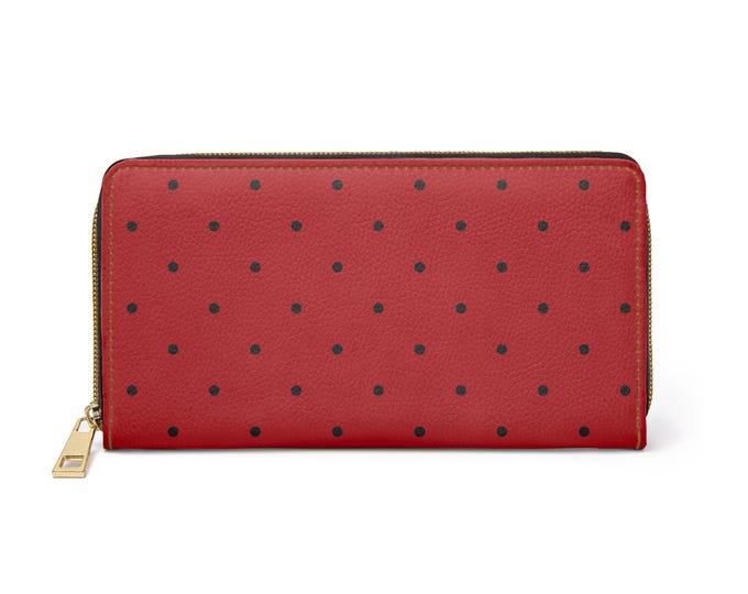 Iron Scarlet Chic with Black Polka Dot Zipper Wallet, Stylish Coin Purse, Travel Accessory, Gift Idea for Her, Fashion Organizer