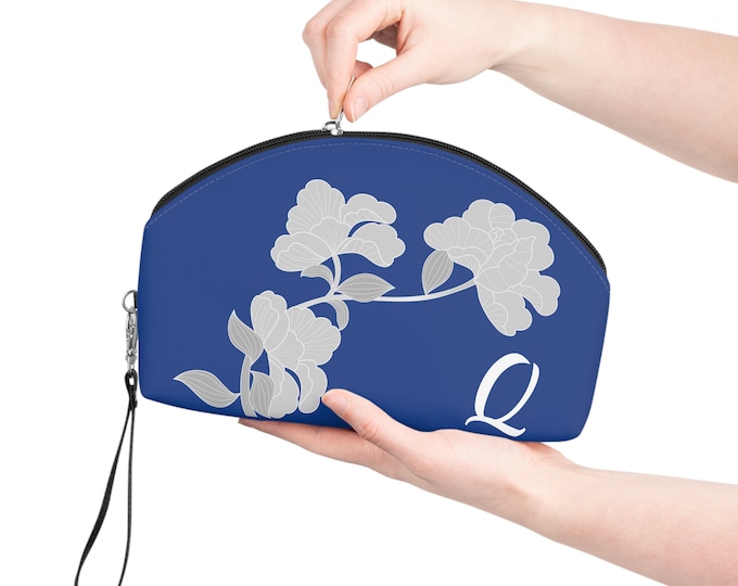 Floral Makeup Bag: Blue & White, Personalized Initial Cosmetic Bag