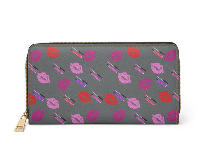 Gray Wallet, Pink and Red Pretty Lips and Lipstick, Zippered