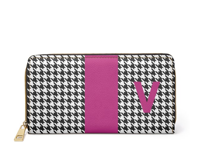 Houndstooth Black and White with Magenta V Initialized Detail Womens Zippered Wallet, Personalized Wallet, Initialized, Womens Wallet
