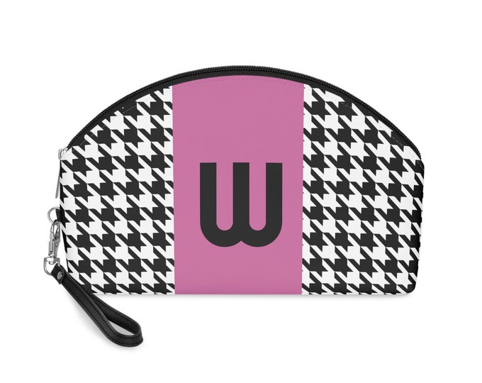 Pink, Black, and White Houndstooth patterned Makeup Bag, Personalized with Initial W, Her Makeup bag, Initialized