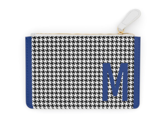 Houndstooth Blue Detail Initialized, M Initial, Personalized Mini Clutch Bag, Womens Zippered Card Holder