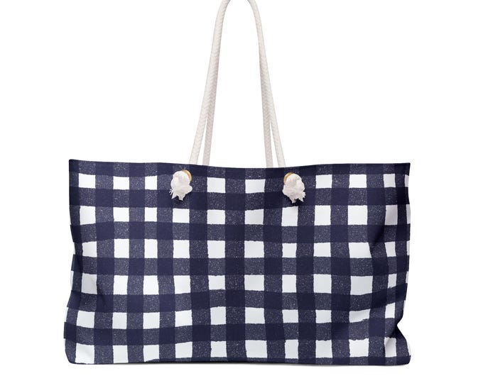 Navy Buffalo Check Weekender Bag | Plaid Travel Tote, Canvas Beach Bag