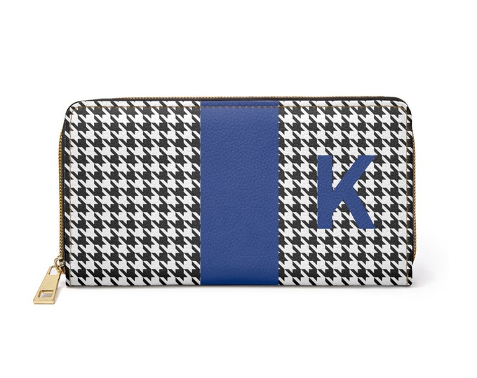 Houndstooth Black and White with Blue K Initialized Detail Womens Zippered Wallet, Women Wallet, Houndstooth