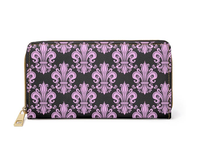 Pink Fleur de Lis Pattern Zipper Wallet | Pink Teal Damask