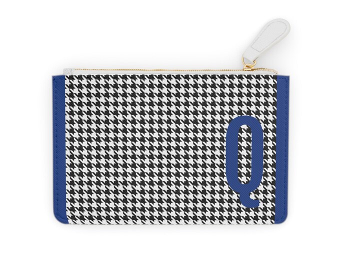 Houndstooth Blue Detail Initialized, Q Initial, Personalized Mini Clutch Bag, Womens Zippered Card Holder
