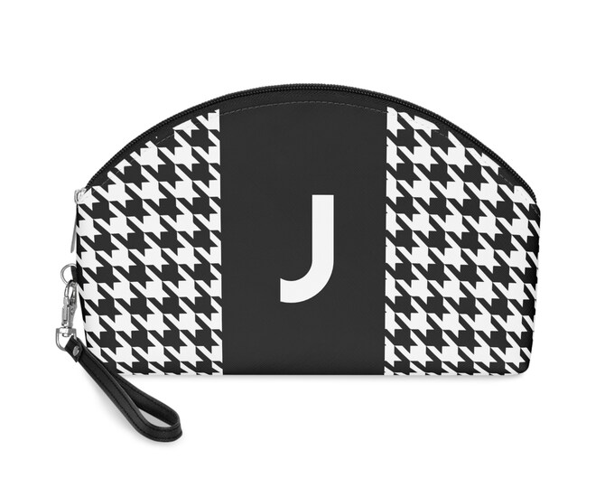 Black, and White Houndstooth patterned Makeup Bag, Personalized with Initial J