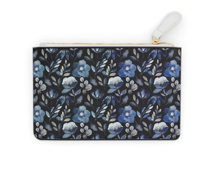 Blue Watercolor Floral Mini Clutch Bag | Navy Botanical Pattern
