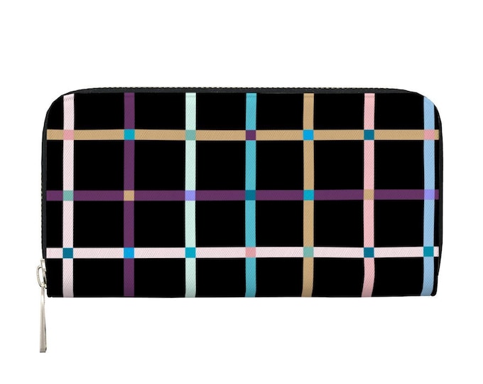 Rainbow Plaid Black Long Zipper Wallet