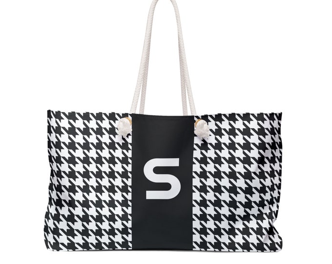 Black & White Personalized Weekender Tote | Initial S Oversized Bag | Custom Travel Handbag for Her | Monogram Beach Bag | Gift for Women