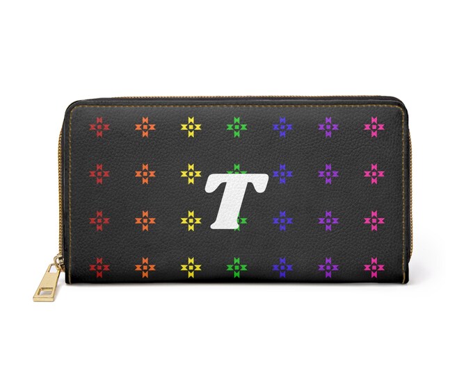 Rainbow Native Stars Womens Wallet, Personalized with White Initial T, Initialized Zipper Wallet