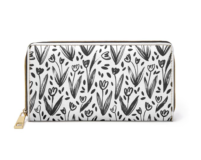 Handdrawn Tulip Pattern Zipper Wallet | Black White Floral Wallet
