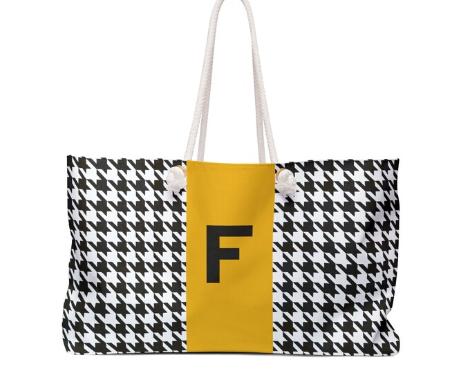 Houndstooth Black, White and Marigold, with Black F Initialized Detail Womens Weekender Tote Bag, Personalized Bag, Initialized Handbag