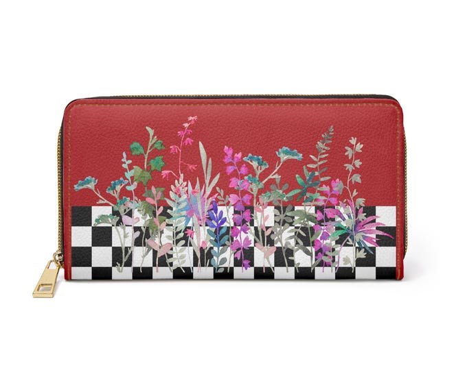 Wildflower Checkerboard Wallet – Iron Scarlet Faux Leather Zip Wallet with Colorful Botanical Print | Iron Woman 80