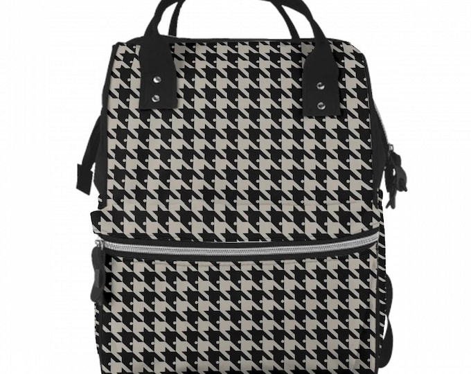 Black and Beige Houndstooth Mommy Backpack Diaper Bag | Large Capacity Waterproof Baby Bag | Travel Tote for Moms & Dads