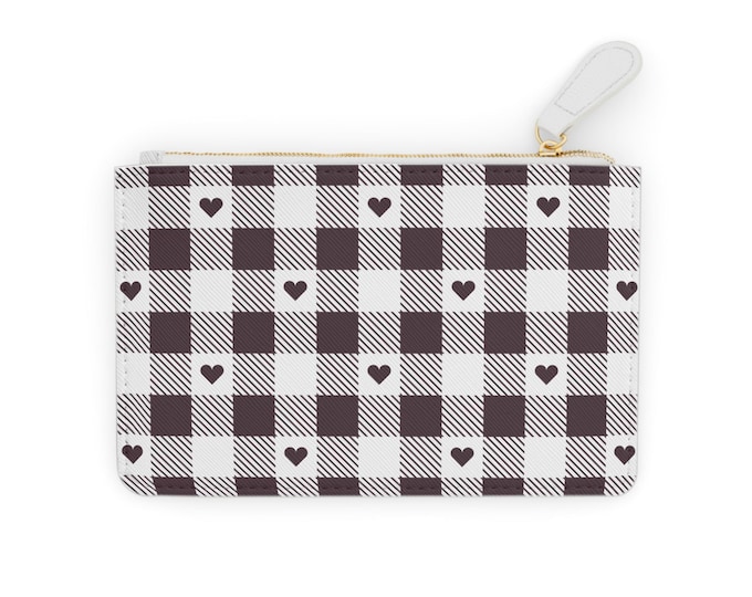 Burgundy Check Hearts Mini Clutch Bag | Plaid Heart Pattern Pouch