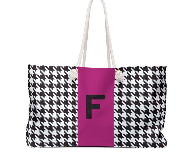 Houndstooth Black, White and Magenta, with Black F Initialized Detail Womens Weekender Tote Bag, Personalized Bag, Initialized Handbag