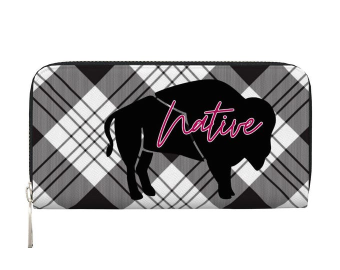 Native Bison Black White Plaid Long Zipper Wallet