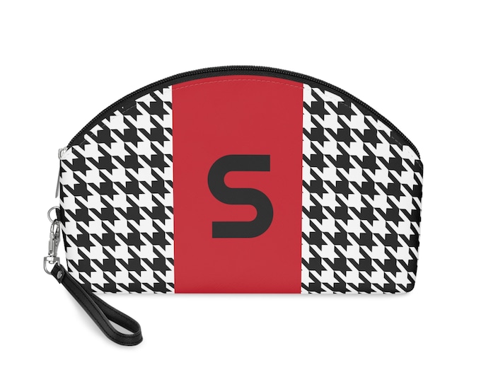 Red, Black, and White Houndstooth pattern Makeup Bag, Personalized with Initial S, Initialized Makeup Bag, Personalized Makeup Bag
