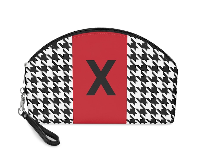 Red, Black, and White Houndstooth pattern Makeup Bag, Personalized with Initial X, Initialized Makeup Bag, Personalized Makeup Bag