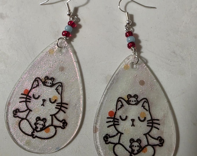 White Yoga Cat and Mice Earrings | Hand Painted Acrylic Jewelry by Iron Woman 80, Blackfeet & Comanche Artist, Free Shipping