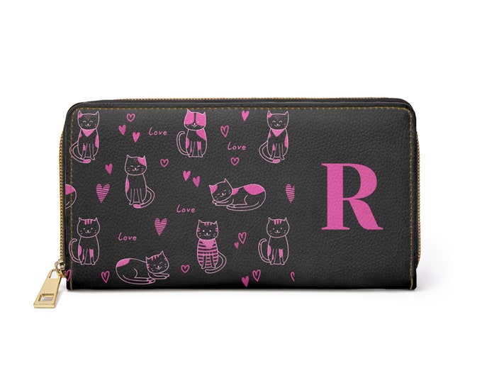 Pink Love Cats Black Wallet, Zippered Wallet, Personalized Wallet, Womens Wallet, Initial R