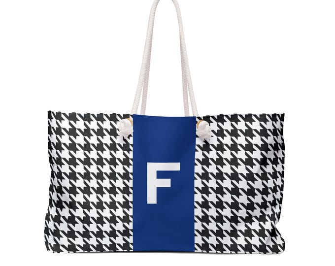 Houndstooth Black & White Weekender Tote | Blue F Initial | Personalized Women’s Handbag