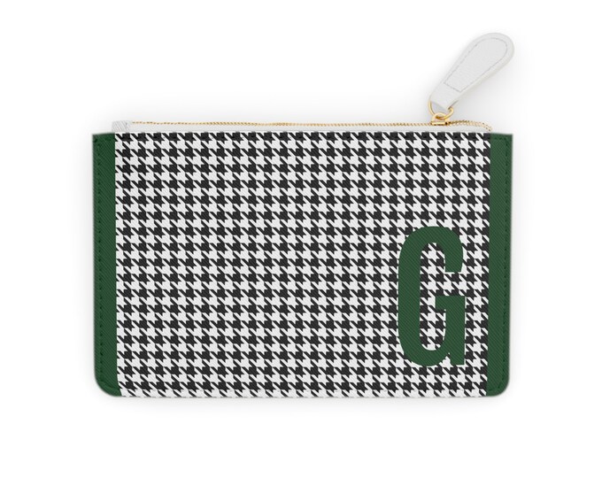 Houndstooth Forrest Green Detail Initialized, G Initial, Personalized Mini Clutch Bag, Womens Zippered Card Holder