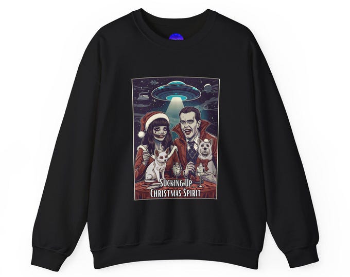 Sucking Up Christmas Spirit Crewneck Sweatshirt | Alien Santa, Retro Horror Holiday