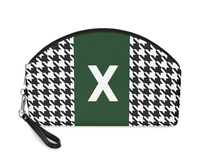 Forrest Green, Black, and White Houndstooth patterned Makeup Bag, Personalized with Initial X, Her Makeup bag, Initialized