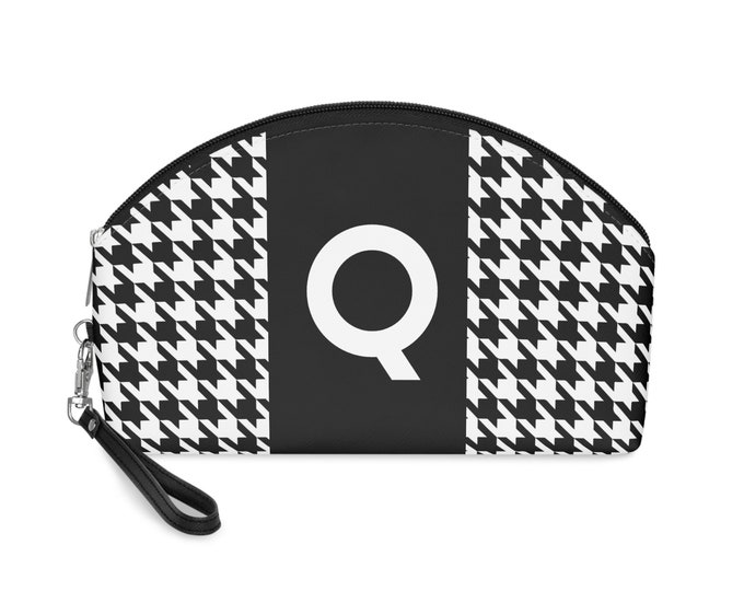 Black, and White Houndstooth patterned Makeup Bag, Personalized with Initial Q, Her Makeup bag, Initialized