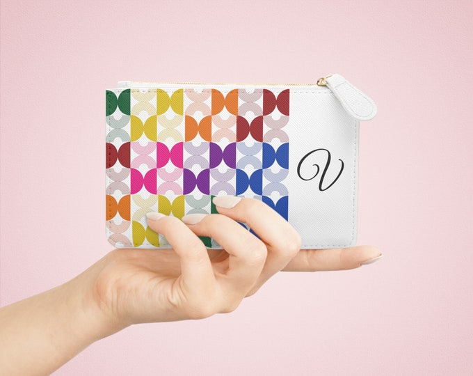Personalized Womens Card Holder, Rainbow Mid Century Modern, White with Initial V, Mini Clutch Wallet