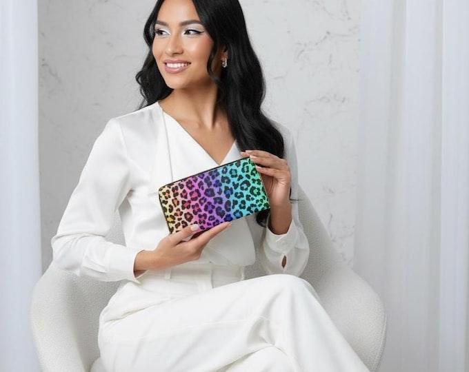 Leopard Rainbow Print Zipper Wallet – Cruelty-Free Faux Leather | Bold & Stylish Wallet for Cash, Cards, Checkbook | Gift for Her
