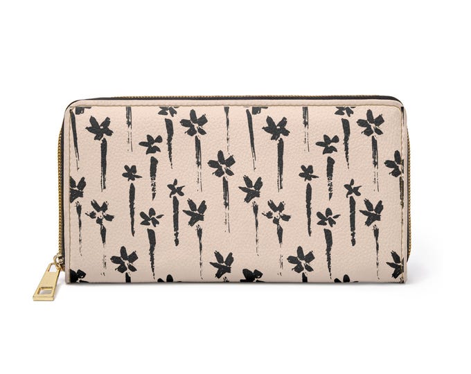 Black Floral Brushstroke Zipper Wallet | Hand-Painted Flower Pattern