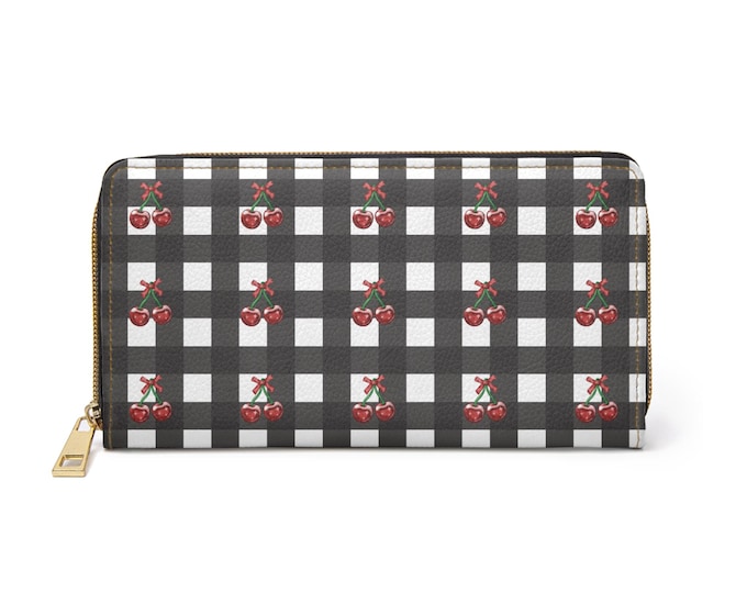 Cherry Buffalo Plaid Zipper Wallet | Black White Checkered Cherry Pattern