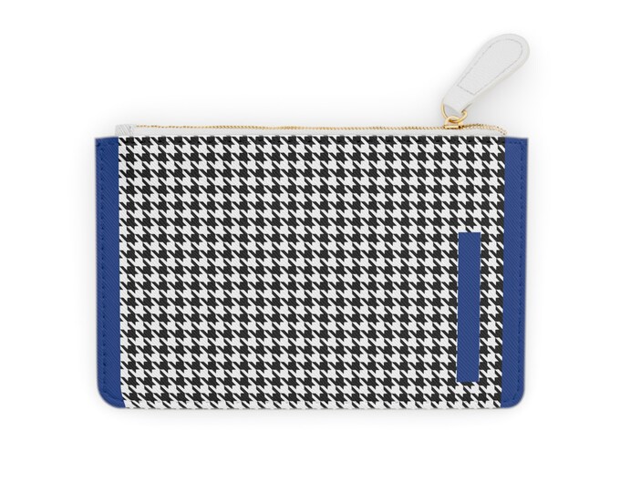 Houndstooth Blue Detail Initialized, I Initial, Personalized Mini Clutch Bag, Womens Zippered Card Holder