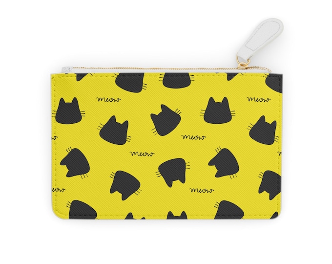 Black Cat Silhouette Pattern Mini Clutch Bag | Yellow Cat Meow Pouch