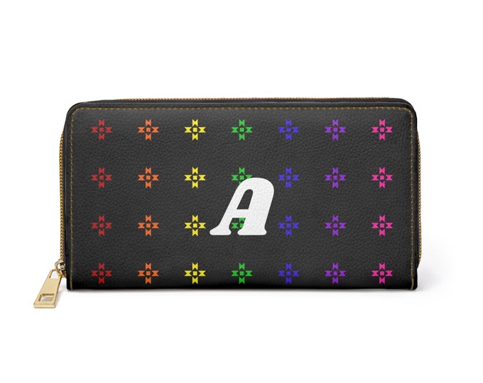 Rainbow Native Stars Womens Wallet, Personalized with White Initial A, Initialized Zipper Wallet