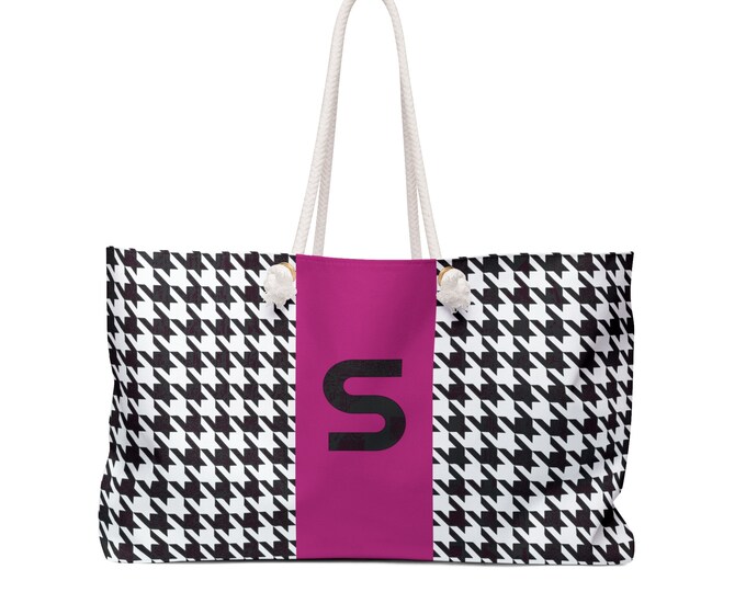 Houndstooth Black, White and Magenta, with Black S Initialized Detail Womens Weekender Tote Bag, Personalized Bag, Initialized Handbag