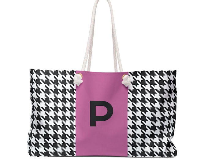 Houndstooth Black, White and Pink, with Black P Initialized Detail Womens Weekender Tote Bag, Personalized Bag, Initialized Handbag